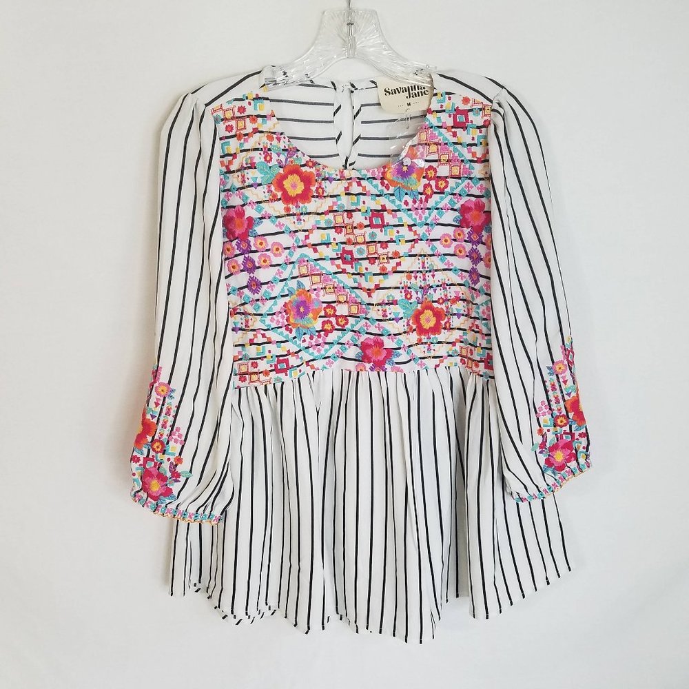 NEW Savanna Jane Floral Embroidered Striped Blouse Top Women's Medium NWOT